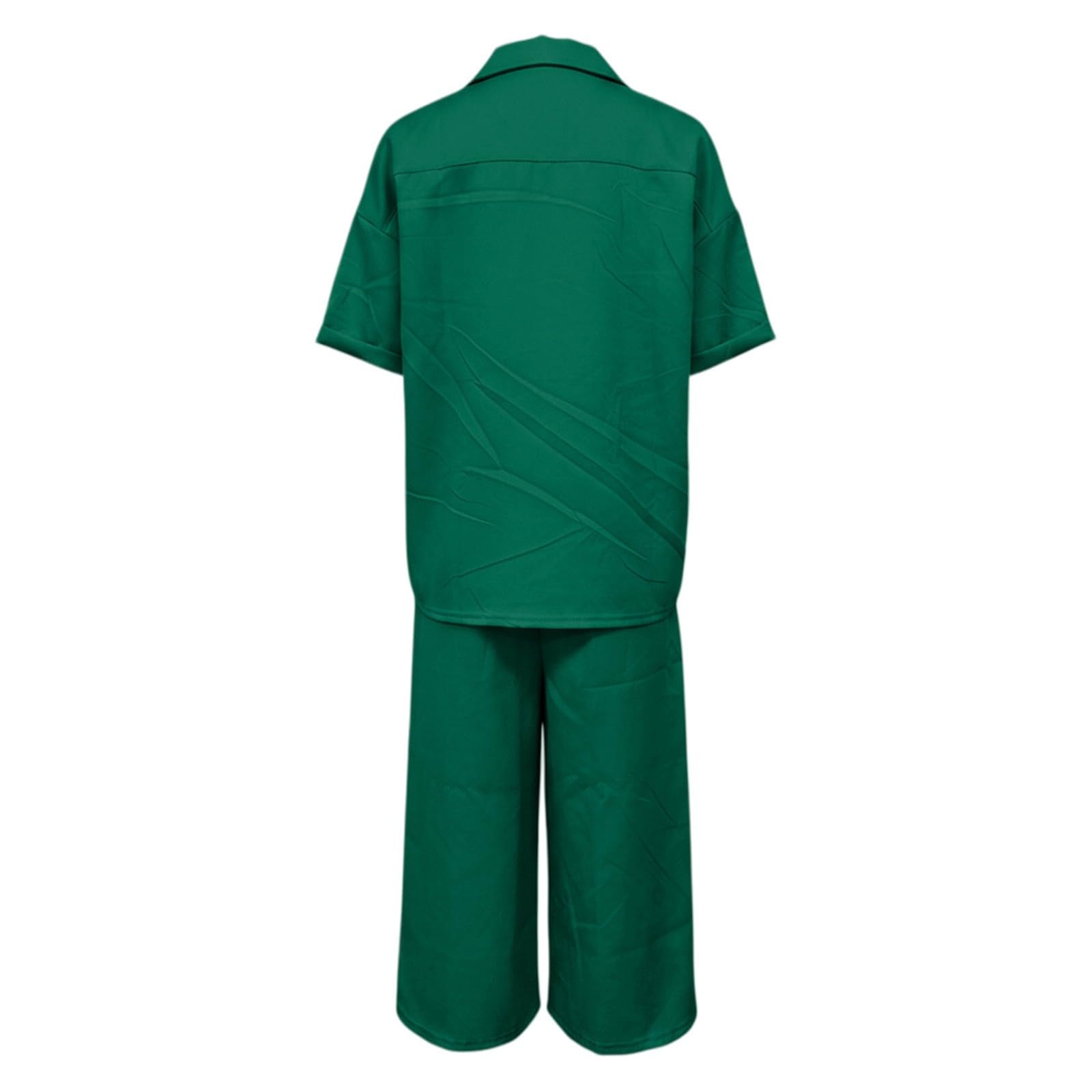 Tuta da lavoro da donna, in tinta unita, in due pezzi, maniche corte, scollo a V, bottoni, camicetta a 7/8, pantaloni a gamba larga, abbigliamento da ufficio, leggero e traspirante