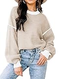 Womens Sweaters Fall 2025 Fashion Long Sleeve Color Block Oversized Sweater Trendy Casual Crew Neck Knitted Tops Pullover,Apricot,Small