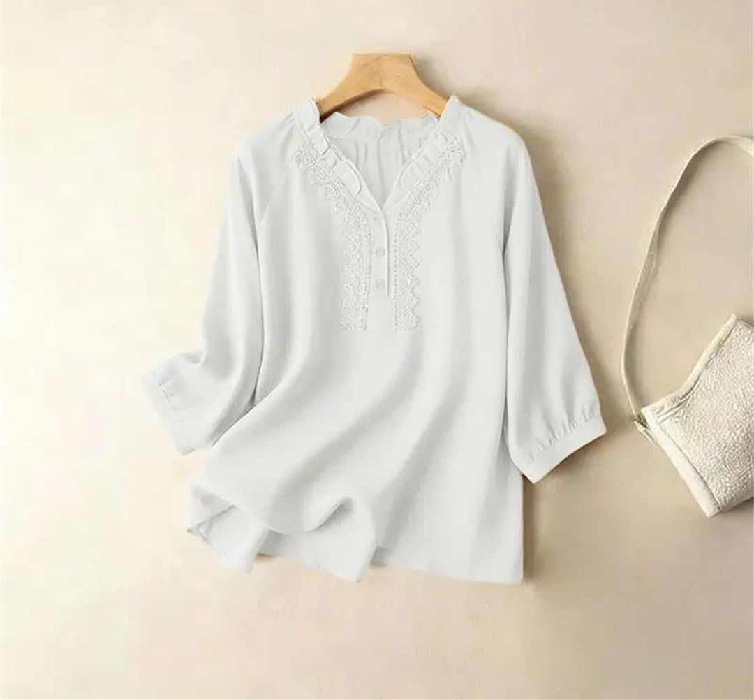 Yeuyyben Camicetta estiva da donna in cotone, casual, scollo a V, maniche a 3/4, camicia da lavoro patchwork