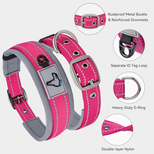 Image of Joytale Dog Collar for Medium Dogs, Neoprene Padded and Adjustable, Reflective Wide Heavy Duty Pet Collars with Durable Metal Belt Buckle for Walking, Hotpink, M
