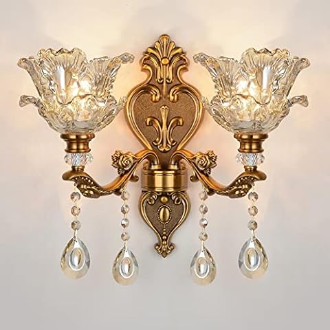 SEEAIRSHOP OTTOSON Gold Vintage Wall Sconce Antique Glass Crystal Wall Lamp Flower Shade Brass Bathroom Vanity Light Retro Sconces Wall Lighting with Beveled Crystal - 2 Lights Cover