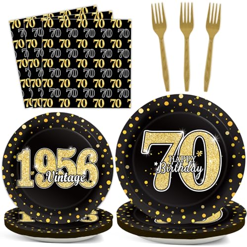 Image of 200PCS 70th Theme Birthday Party Tableware Vintage 1956 Party Supplies 70 year old Birthday Party Decorations Plates Napkins Forks Black and Gold Dinnerware Favors for Men or Women
