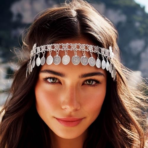 GORAIS Coin Head Chain Silver Forehead Headpiece Egyptian Costume Headband for Women