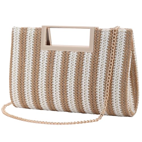 Image of Women's Straw Raffia Clutch Purse, Top Handle Woven Handbag with Crossbody Strap, Summer Beach Shoulder Bag