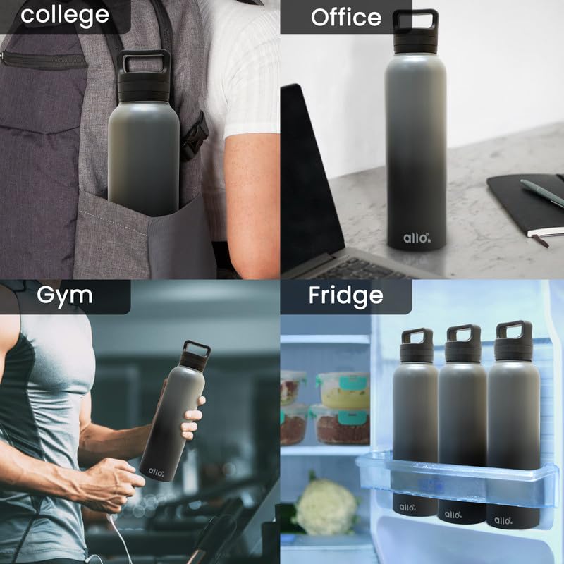 Image of Allo Stainless Steel Water Bottle For Adults, Kids 950ml Water Bottles For School, Office, Sports, Gym 950ml Water Bottle For Men And Women, Pack Of 5| Leak Proof, Bpa Free, Dark Grey And Black