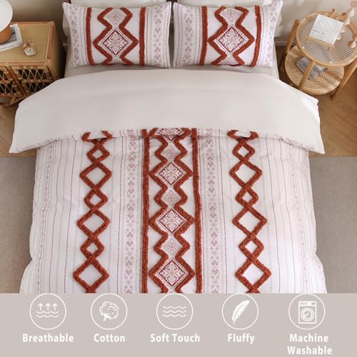 Image of Herside 100% Cotton Boho Duvet Cover Set King Size,Shabby Chic Aztec Western Brick Red Tufted Bedding,Farmhouse Luxury 3 Piece Textured Quilt Duvet Set for All Season Home Decor