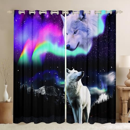 Feelyou Wolf Curtains Galaxy Space Wolf Curtain for Bedroom Cool Wildlife Curtain Safari Wild Window Treatment Drapes 52W x 84L Inches 2 Panels