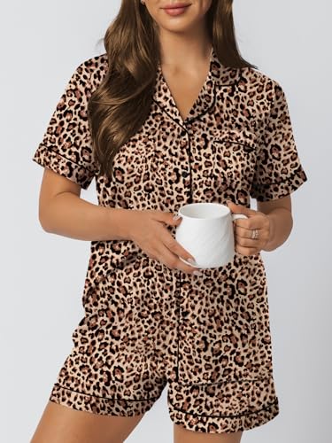 Image of LILLUSORY Silk Satin Pajama Set for Women Summer Two Piece Fall Lounge Pjs | Cozy Matching Sleepwear, Short Sleeve Button Down Shirt and Shorts, Soft Loungewear with Pocket, Cute Trendy Clothing