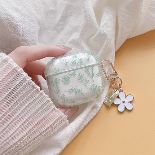 Image of MINSCOSE Compatible with AirPods 4 Clear Case,Cute Flower Floral Aesthetic Design with Flowers Keychain, Soft TPU Protective Shockproof Case for Women Girl for Airpods 4-Green