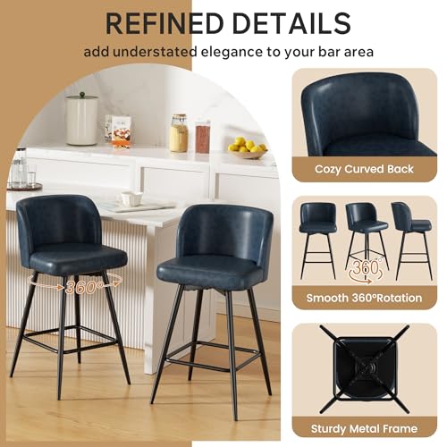 Image of Swivel Bar Stools Set of 4, 26 inch Counter Height Bar Stools with High Back and Metal Legs, Faux Leather Bar Chairs, Modern Barstools for Kitchen Island, Dark Blue