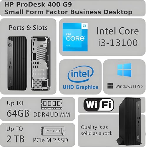 Image of HP ProDesk 400 G9 SFF Business Desktop Computer, 13th Gen Intel Core i3-13100, 64GB RAM, 1TB PCle SSD, Dual 4K Display Support, USB-C, HDMl, RJ-45, Wi-Fi, Wired Keyboard & Mouse, Win11 Pro