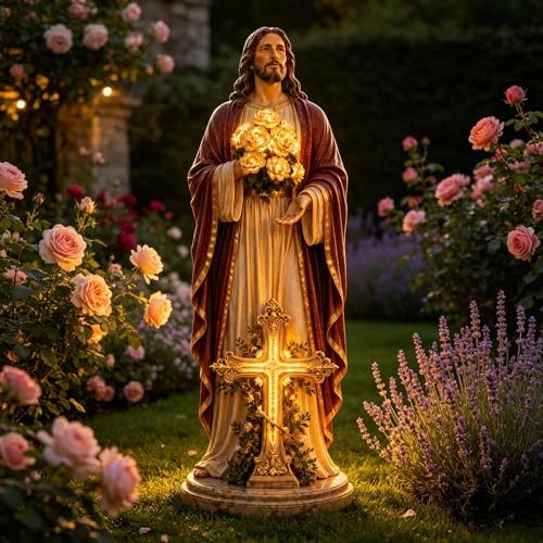 Resin Jesus Statue & USB Rose Led Lights, Religious Figurine Jesus Decor - image 1