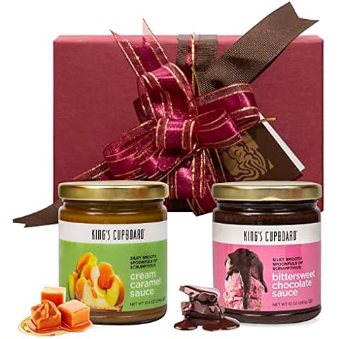 King's Cupboard Ice Cream Toppings Gift Set of 2 Jars - Cream Caramel Sauce and Bittersweet Chocolate Sauce - Gourmet Dessert Sauce, Hot Fudge Topping for Ice Cream Topping, Fruit Dip,& Coffee Syrup Cover