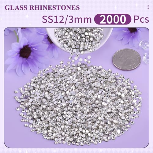 Image of 2000PCS SS12 /3mm Crystal Glass Rhinestones for Bedazzling (Clear) | Flatback Rhinestones for Crafting DIY Crafts Nail Art Makeup Decoration, Gems Diamond Charms for Tumbler Shoes Clothing Mug