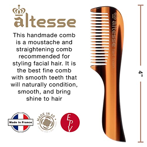 Altesse 11130 Small Fine Tooth Comb Tortoiseshell Mustache Comb For Men (4") With Pocket Comb Synthetic Leather Case. Essential Facial Hair Travel Comb For Any Beard Kit For Men. Handmade In France #TOP1