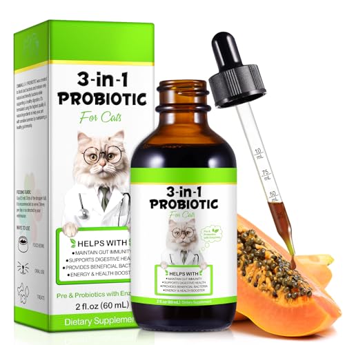 3-in-1 Probiotics for Cats with Digestive Enzymes & Prebiotics – Supports Gut Health, Immune System & Diarrhea Relief – 60ml for Cats of All Ages