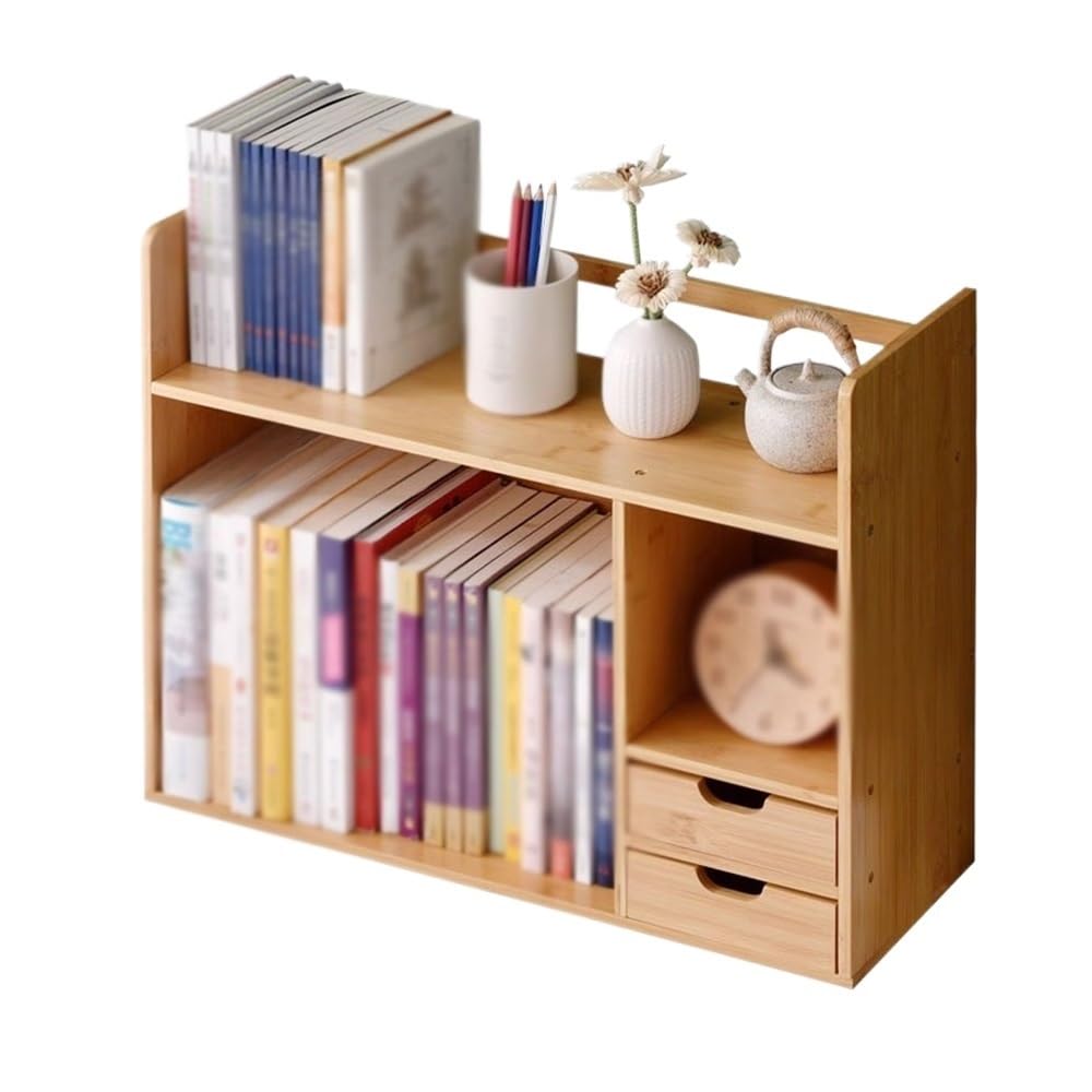 CWCQGH Bookshelf Open Desktop Bookshelf with Double Drawer, Bamboo Storage Shelves, for Home Offic Study Supplies Organizer Display Shelf Bookcase,L58xW19xH46 cm