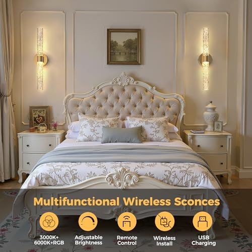 Image of DORESshop Battery Operated Wall Sconces Set of 2, 10000mAh Rechargeable Wall Sconce with Stone Pattern Acrylic, Dimmable Wireless Wall Sconce, Sconce Wall Decor for Living Room, Bedroom, Gold 21.4in