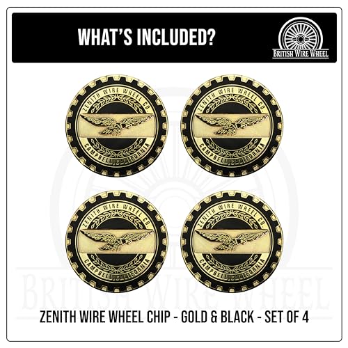Image of Zenith Gold & Black Metal Wheel Chip Emblems (Set of 4) | 24K Triple Gold Plated Solid Metal Wheel Chip Emblems, 2.25 inch | for Lowriders with Cut or Recessed Knock Off Spinner Caps