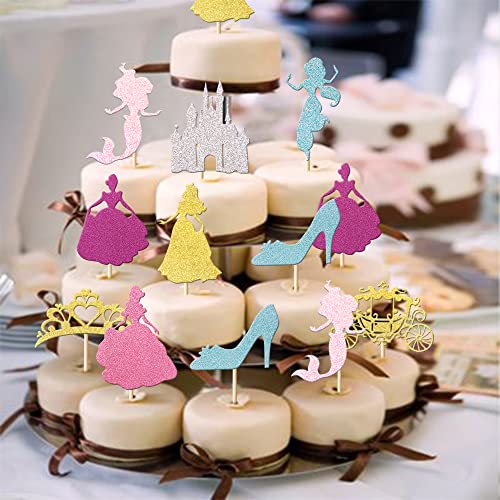 36 Pcs Princess Cupcake Toppers Glitter Mermaid Girl Castle Carriage High Heel Crown Cupcake Picks Fairytale Princess Theme Baby Shower Girls Birthday Party Cake Decorations Supplies Colorful #TOP5