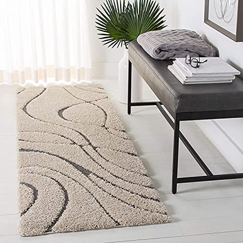 Image of Geometric Wave Shaggy Carpet for Living Room, Bedroom, High Low Design Finish Microfiber 1.8 Inch Pile High, 2x8 Feet Runner Ivory|Grey Color