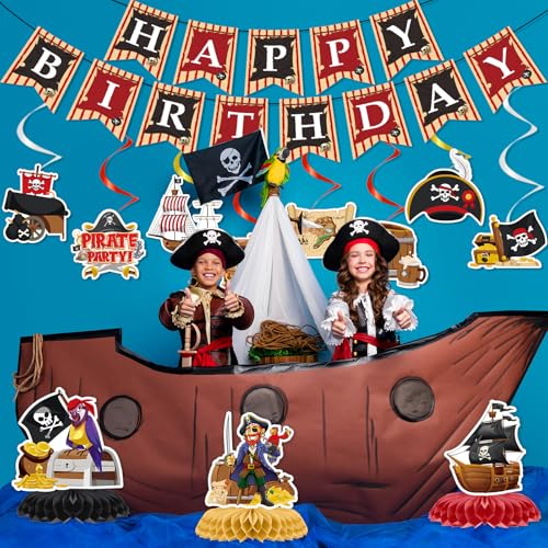 Image of Pirate Birthday Party Banners Hanging Swirls Decorations 13PCS | Pirate Party Decor 13pcs, Glitter Banners Swirls, Cardstock Decor, Nautical Pirate Theme, Birthday Party Decor for Kids Boys