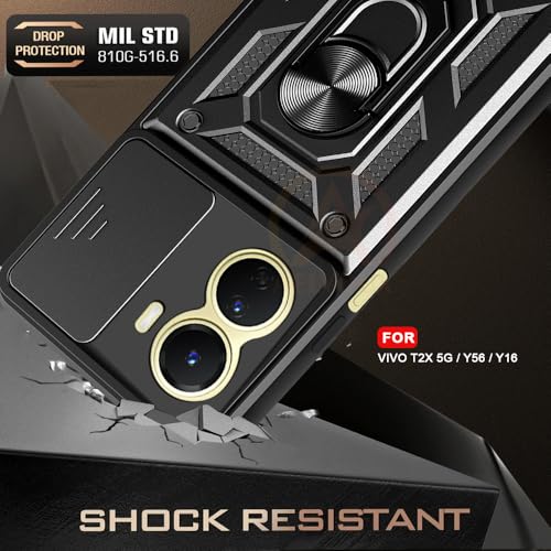 Image of Armor Bumper Back Cover Case for Vivo T2X / Y56 / Y16 | Rotating Camera Cover, Ring Holder & Kickstand | Heavy Duty & 360 Degree Protection Vivo T2X / Y56 / Y16 Back Cover (Black)
