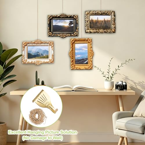 Image of Picture Hanging Kit, 5Pcs Rail Hooks with 5Pcs Chains, Picture Display Hanging System in Two Sizes for Wall Pictures, Exhibition(Gold, 30CM & 60CM)