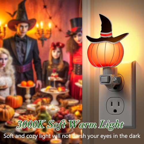 Image of Stained Glass Night Lights Plug into Wall Halloween Witch Hat 1-Pack 7W Plug in Night Light Dusk to Dawn 3000K Warm White Nightlight Switch-On /Off for Adult Kids Room Bathroom Hallway Kitchen