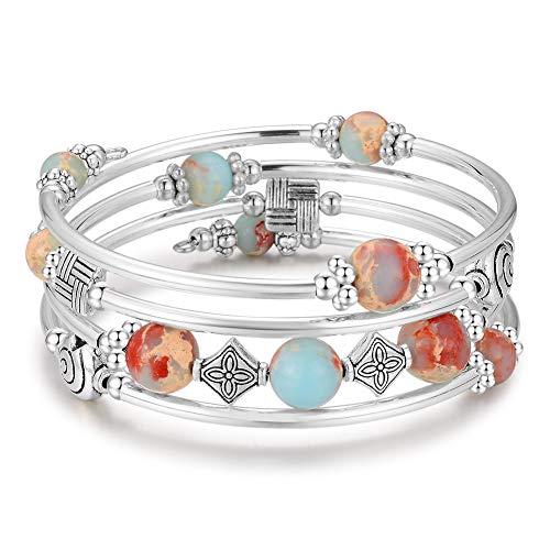 Beaded Pearl Bangle Wrap Bracelet - Fashion Bohemian Jewelry Multilayer Charm Bracelet with Thick Silver Metal Beads, Gift for Women and Girls (01-Green)