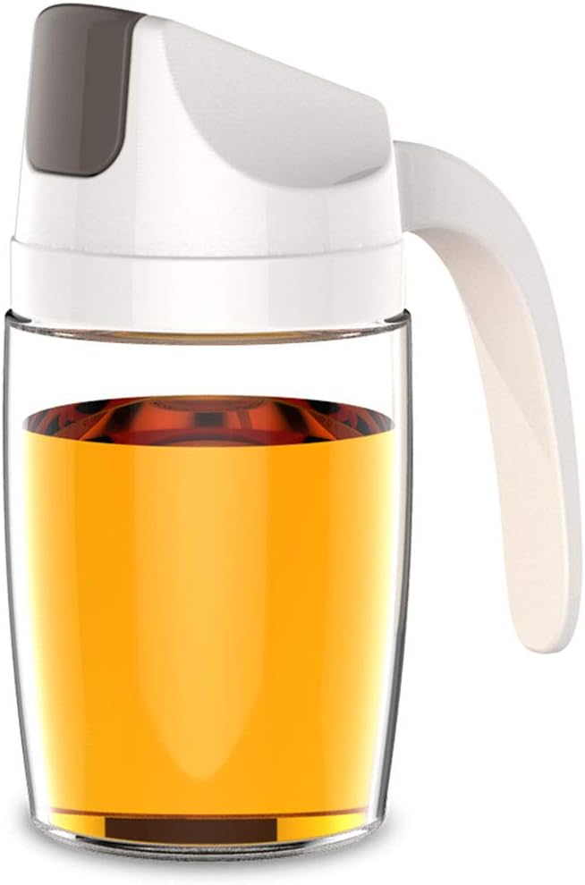 123 Life Oil Dispenser,Auto Flip Olive Oil Glass Bottle, 300ml Leakproof Condiment Container with Automatic Cap and Stopper, Non-Drip Spout, Non-Slip Handle for Kitchen Cooking (White)