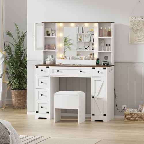GarveeHome Makeup Vanity and Stool, Vanity Desk with Lights, White Vanity Table with Charging Station, 6 Drawers and Cabinets