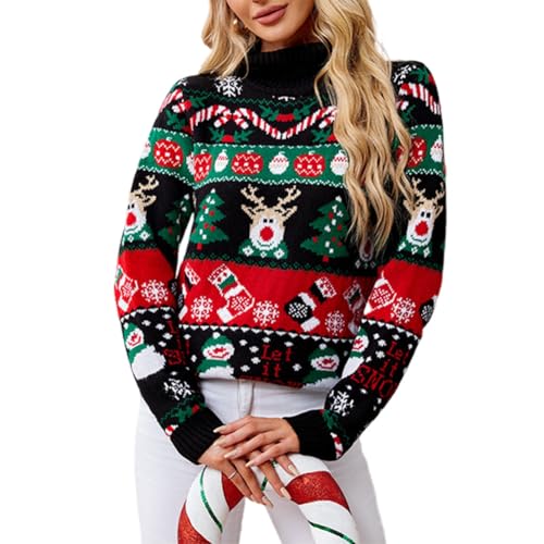 Funny Ugly Christmas Sweater for Men Women Xmas Sweaters High Neck Knitted Sweater Snowflake Sweater Pullover Sweater (Black L)