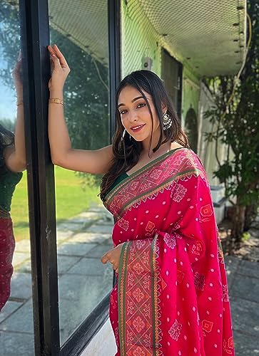 Image of Panzora Women's Patola Silk Meenakari Work Saree With Unstitched Blouse Piece