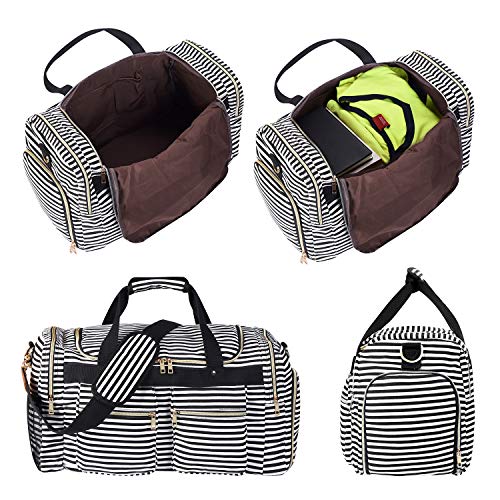 Weekender Overnight Duffel Bag Shoe Pocket for Women Men Weekend Travel Tote Carry On Bag (Stripe Black- 0.6cm)