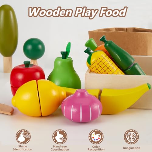 image for HERSITY Wooden Play Food Set Cutting Fruits and Veggies Toys for Toddl