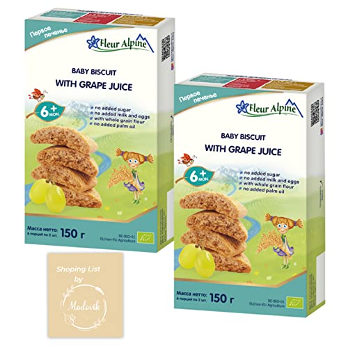 Fleur Alpine Organic Baby Cookies (2 X 5.3oz Boxes) Whole Grain Baby Snack Foods with Non GMO’s, No Palm Oil - Made in Belgium + Modovik Shopping List Bundle - Grape
