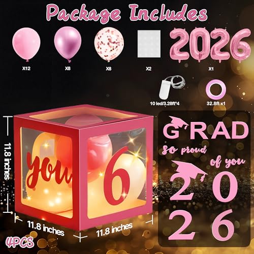 Image of AYGXU Graduation decorations class of 2026 pink- Graduation Decorations, Balloons Box (4PCS) with letters&balloons,2026 balloons,LED String Light,graduation party decorations