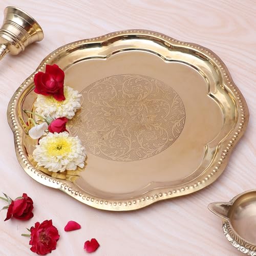 Image of Two Moustaches 11 Inches Ethnic Carved Brass Puja Thali, Traditional Pooja Aarti Thali for Home Temple, Brass Pooja Thali, Gifts for Puja Ceremony, Housewarming Gifts, Pooja Plate, Golden, Pack of 1