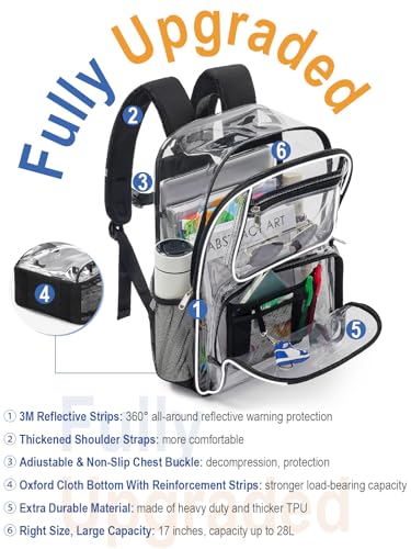 Heavy Duty Clear Backpack For Kids Women Men Boys Girls, 17 Inch Large See Through Backpack, 360° 3M Reflective Strips Clear Bookbag, Transparent Bag For School College Sport Work Travel, Black2