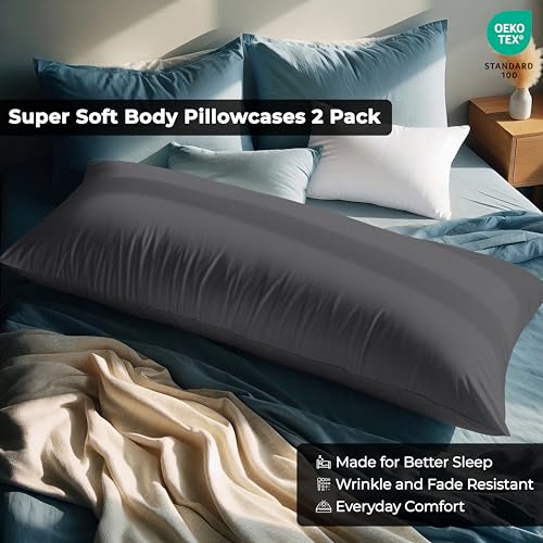 Image of ROYALE LINENS Body Pillow Cover - Double Brushed 1800 Microfiber - 20 inchx54 inch with Hidden Zipper Closure - Wrinkle & Fade Resistant - Super Soft Body Pillowcase 2 Pack (Grey, Pack of 2)
