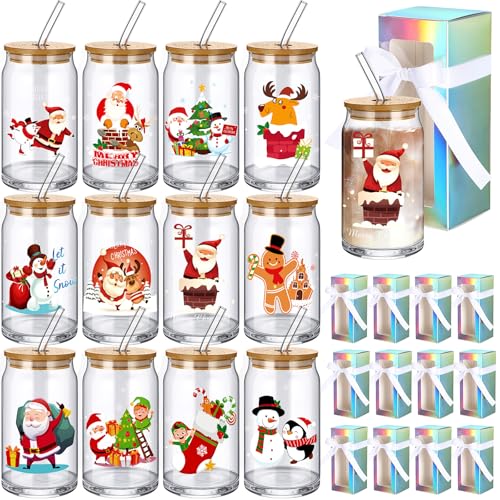 Layhit 12 Set Christmas Gifts Glass Cups Bulk 16 oz