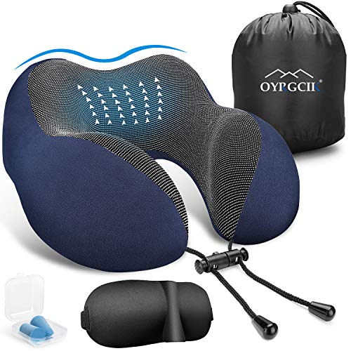 OYRGCIK Travel Pillow, 100% Pure Memory Foam Neck Pillow, Soft & Breathable Cotton Cover, Machine Washable Airplane Travel Kit U Shaped Pillow with 3D Contoured Eye Mask, Earplugs, & Travel Bag, Blue