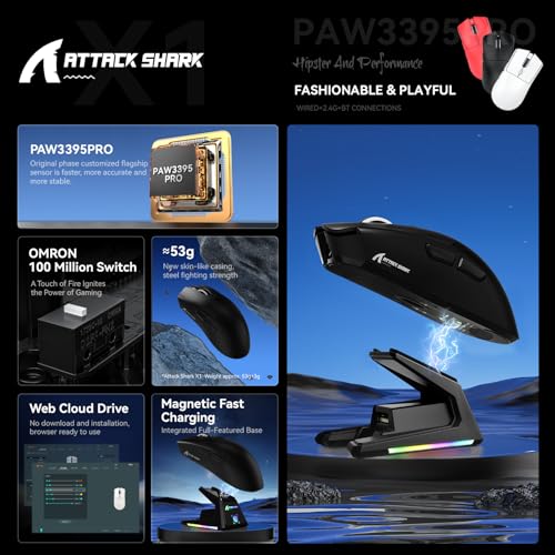 Image of ATTACK SHARK X1 Superlight Wireless Gaming Mouse with RGB Magnetic Charging Dock, BT /2.4G Wireless /Wired Gaming Mouse, PAW3395PRO Gaming Sensor, 40000DPI, 53g Office Mice for PC /Mac /Win /Xbox (Black)