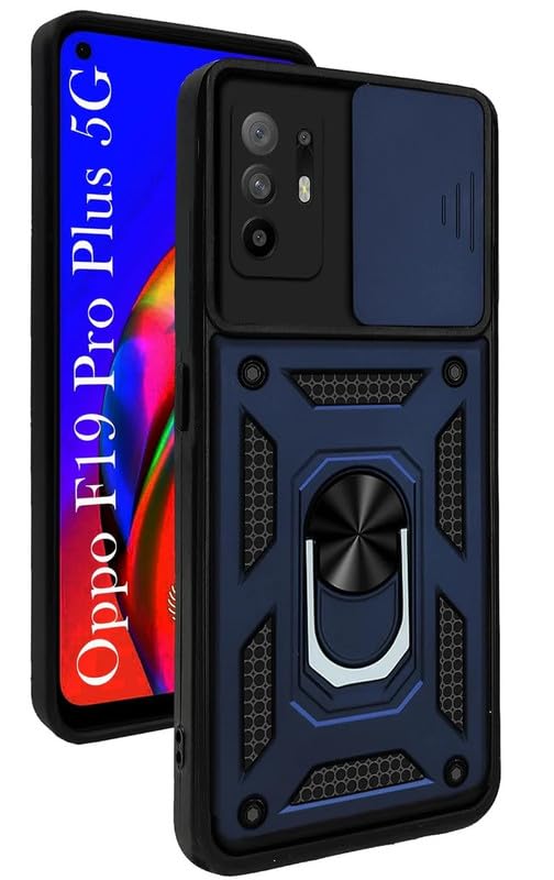 SkyTree Robotic Sliding Camera Window Shock Proof Thunder Case, Dual Layer Hybrid Shockproof Back Cover Case with Kickstand for Oppo F19 Pro+/F19 Pro Plus 5G – Blue