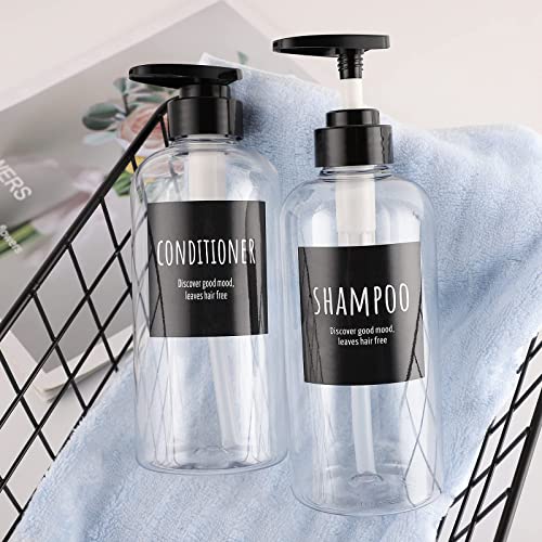 Image of Shampoo and Conditioner Bottles, Segbeauty 2 Pack 16.9oz Refillable Shampoo Bottles, 500ml Labeled Clear Shower Bottles Refillable, Large Empty Plastic Bathroom Soap Lotion Shampoo Dispenser with Pump