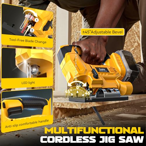 Image of Ecarke Cordless Jig Saw Compatible With Dewalt 20V Battery, 4 Orbital Sets, 6 Variable Speeds Control, Dust-Blowing, ±45 Bevel Cuts, LED Light and 6PCS Blades for Straight Curve Cutting, Tool Only