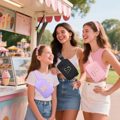 Image of Fanny Pack for Kids Girls 10-12 - Small Waist Belt Bag with Initial Letter Patch and Extender Strap for Women Teen Girl Friends Mini Bum Hip Travel Purse Crossbody Belt Bag Black E