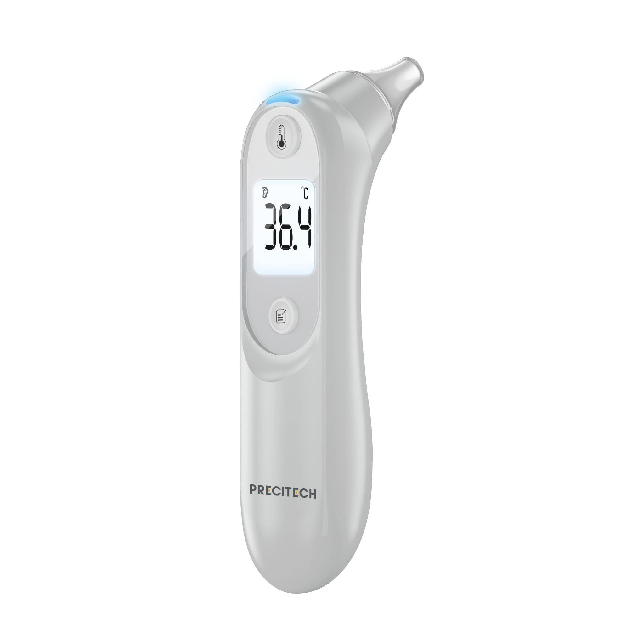 Thermomètre infrarouge auriculaire ● Précis et rapide: 1 seconde ● Sans embout jetable ● 10 mémoires ● Diagnostic écran 3 couleurs ● PRECITECH