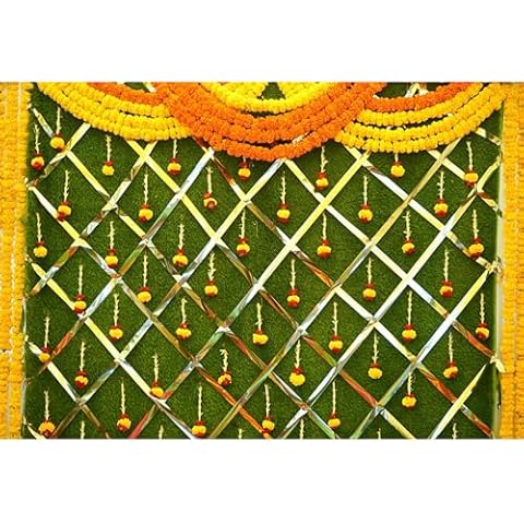 Baocicco 8x6.5ft India Pooja Photography Backdrop Yellow Flower Green Flower Wall Hindu Photography Background Indian Wedding Puja Ganpati Pooja Traditional Mehndi Festival for Kids Adult Studio Video Cover